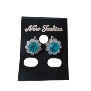 New Fashion Women's Blue Silver Round Post Stud Earrings Pierced Small Sized